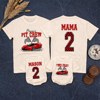 Personalized Pit Crew Race Car Two Fast 2nd Birthday Matching Shirts, Kids Romper and Family Tees Set in Soft Cotton for Spring Photos