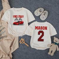 Personalized Pit Crew Race Car Two Fast 2nd Birthday Matching Shirts, Kids Romper and Family Tees Set in Soft Cotton for Spring Photos