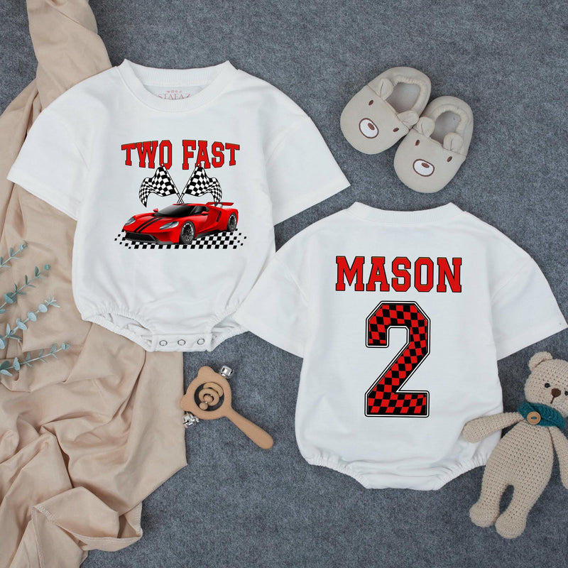 Personalized Pit Crew Race Car Two Fast 2nd Birthday Matching Shirts, Kids Romper and Family Tees Set in Soft Cotton for Spring Photos
