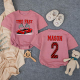 Personalized Pit Crew Race Car Two Fast 2nd Birthday Matching Shirts, Kids Romper and Family Tees Set in Soft Cotton for Spring Photos