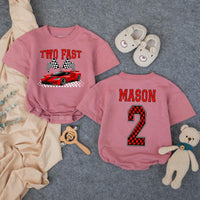 Personalized Pit Crew Race Car Two Fast 2nd Birthday Matching Shirts, Kids Romper and Family Tees Set in Soft Cotton for Spring Photos