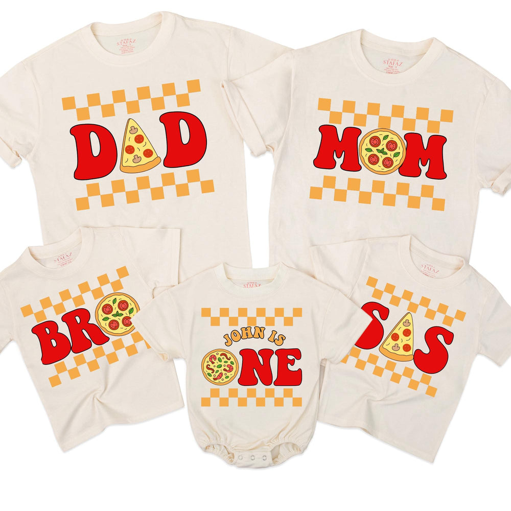 Personalized Pizza 1st Birthday Family Shirts with Custom Names Fun Retro Design Matching Mom Dad Brother Sister Toddler Party Outfit