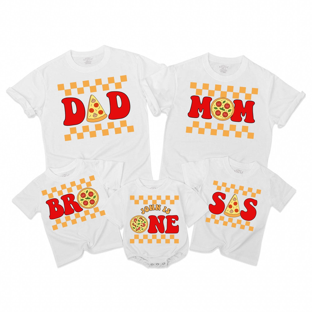 Personalized Pizza 1st Birthday Family Shirts with Custom Names Fun Retro Design Matching Mom Dad Brother Sister Toddler Party Outfit