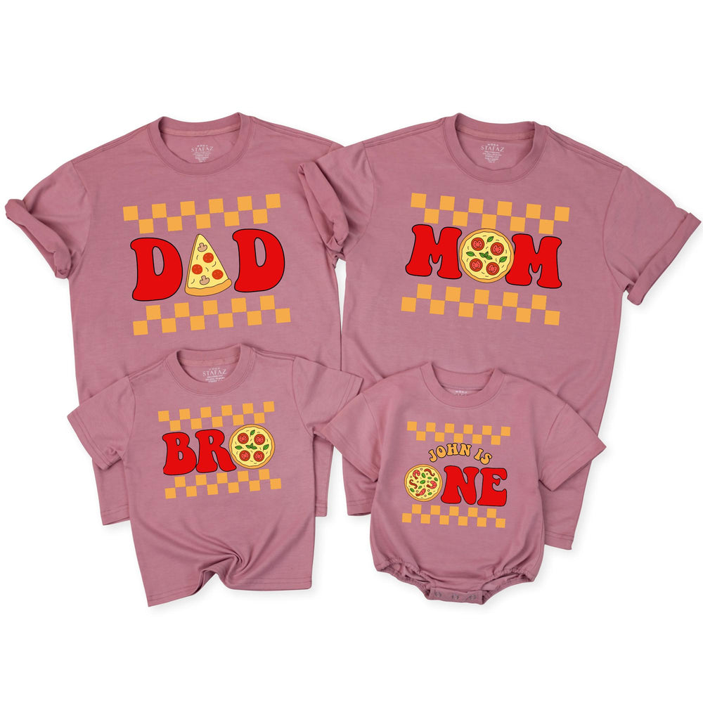Personalized Pizza 1st Birthday Family Shirts with Custom Names Fun Retro Design Matching Mom Dad Brother Sister Toddler Party Outfit