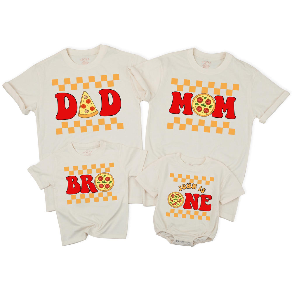 Personalized Pizza 1st Birthday Family Shirts with Custom Names Fun Retro Design Matching Mom Dad Brother Sister Toddler Party Outfit