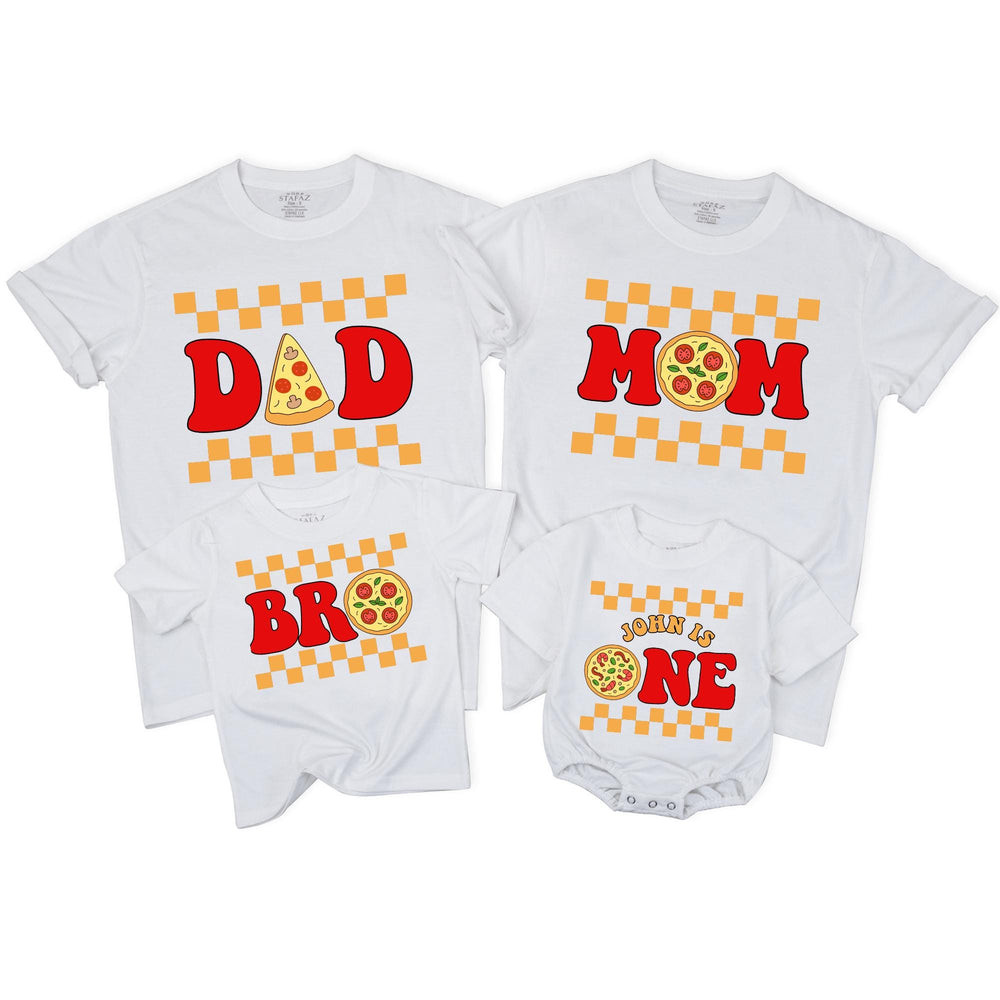 Personalized Pizza 1st Birthday Family Shirts with Custom Names Fun Retro Design Matching Mom Dad Brother Sister Toddler Party Outfit