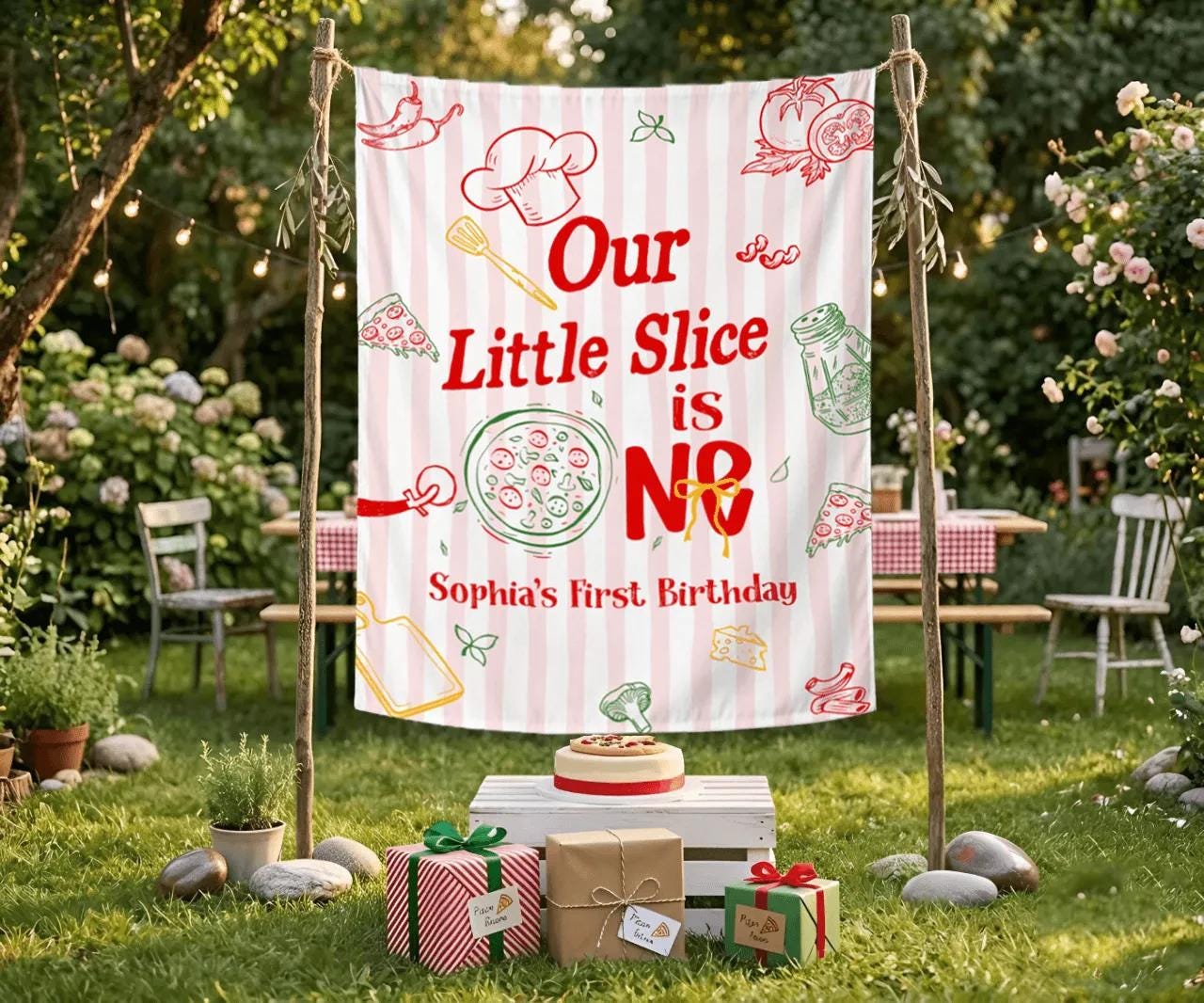Personalized Pizza Theme 1st Birthday Banner Our Little Slice is One Backdrop Custom Italian Party Decor for Baby or Toddler Girl Celebration