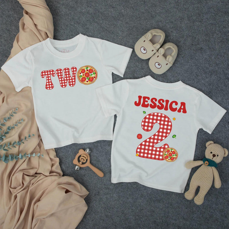Personalized Pizza Two Birthday Toddler T-Shirt with Name and Age, Gingham Pattern and Pepperoni Design, Soft Cotton Second Birthday Outfit