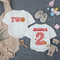 Personalized Pizza Two Birthday Toddler T-Shirt with Name and Age, Gingham Pattern and Pepperoni Design, Soft Cotton Second Birthday Outfit