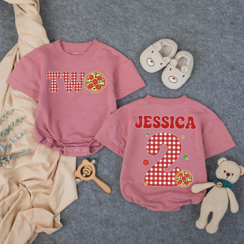 Personalized Pizza Two Birthday Toddler T-Shirt with Name and Age, Gingham Pattern and Pepperoni Design, Soft Cotton Second Birthday Outfit