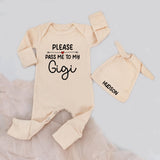Personalized Please Pass Me to My Gigi Baby Bodysuit and Hat Set, Custom Name Outfit, Newborn Gift for Grandma, Soft Cotton Blue Design