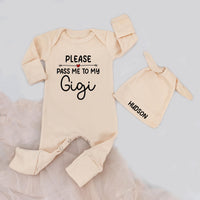 Personalized Please Pass Me to My Gigi Baby Bodysuit and Hat Set, Custom Name Outfit, Newborn Gift for Grandma, Soft Cotton Blue Design