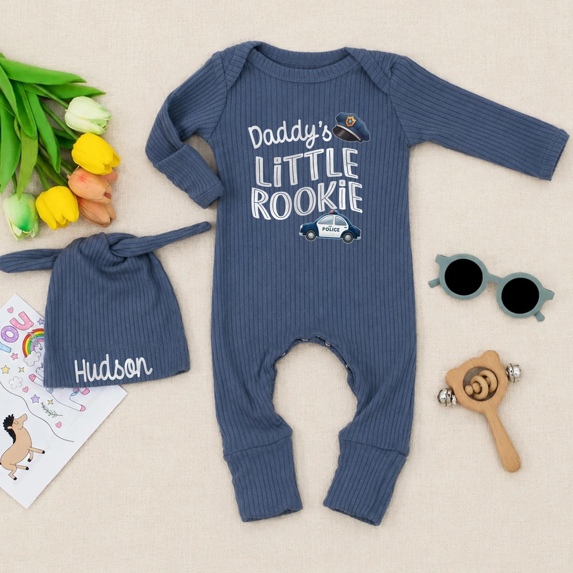 Personalized Police Baby Outfit Set - Daddy's Little Rookie Bodysuit & Hat, Soft Cotton Newborn Coming Home or Baby Shower Gift