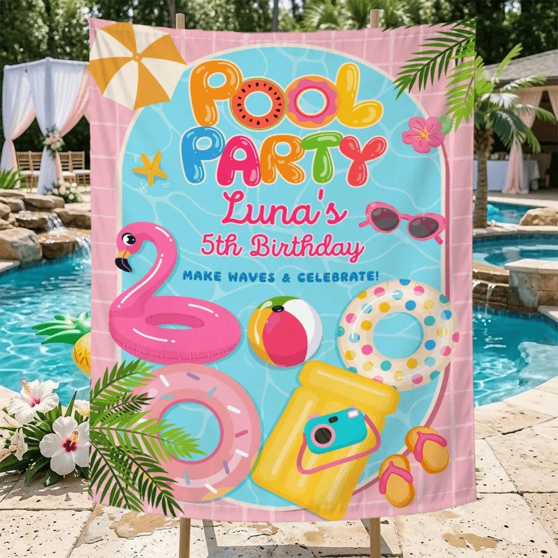 Personalized Pool Party Birthday Banner with Luna's 5th Birthday Design, Pink and Blue Summer Decor for Backyard Celebration