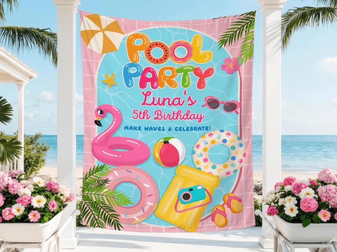 Personalized Pool Party Birthday Banner with Luna's 5th Birthday Design, Pink and Blue Summer Decor for Backyard Celebration