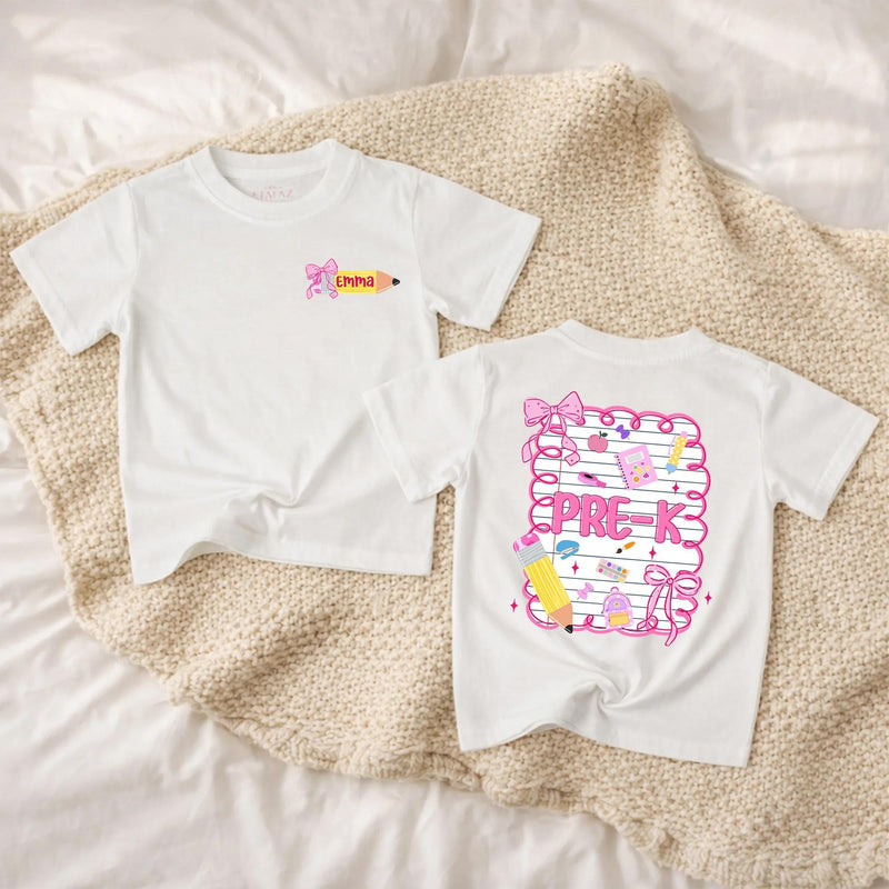 Personalized Pre-K Girls Shirt with Pink Bow Custom Name Emma Back to School Tee Cute Yellow Pencil Notebook Design Toddler Gift