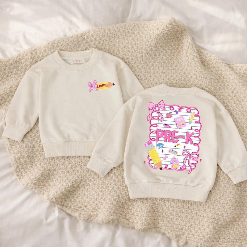 Personalized Pre-K Girls Shirt with Pink Bow Custom Name Emma Back to School Tee Cute Yellow Pencil Notebook Design Toddler Gift