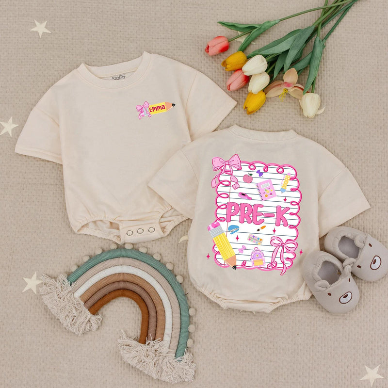 Personalized Pre-K Girls Shirt with Pink Bow Custom Name Emma Back to School Tee Cute Yellow Pencil Notebook Design Toddler Gift