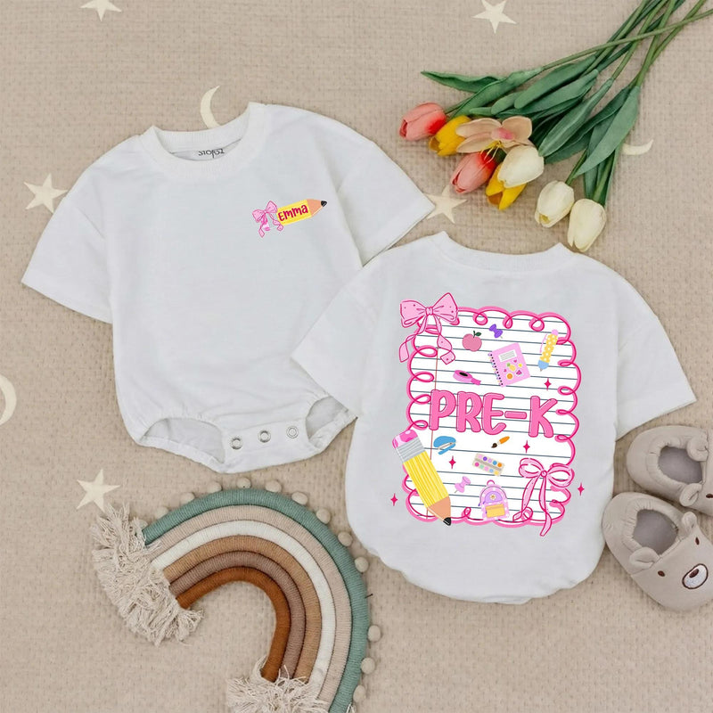 Personalized Pre-K Girls Shirt with Pink Bow Custom Name Emma Back to School Tee Cute Yellow Pencil Notebook Design Toddler Gift