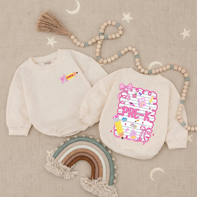 Personalized Pre-K Girls Shirt with Pink Bow Custom Name Emma Back to School Tee Cute Yellow Pencil Notebook Design Toddler Gift