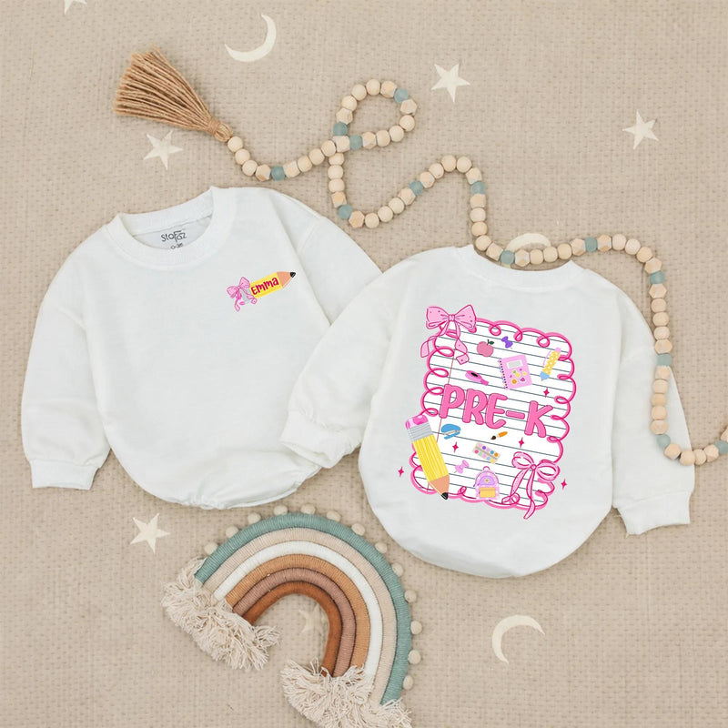 Personalized Pre-K Girls Shirt with Pink Bow Custom Name Emma Back to School Tee Cute Yellow Pencil Notebook Design Toddler Gift