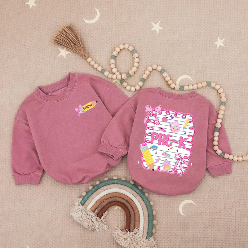 Personalized Pre-K Girls Shirt with Pink Bow Custom Name Emma Back to School Tee Cute Yellow Pencil Notebook Design Toddler Gift