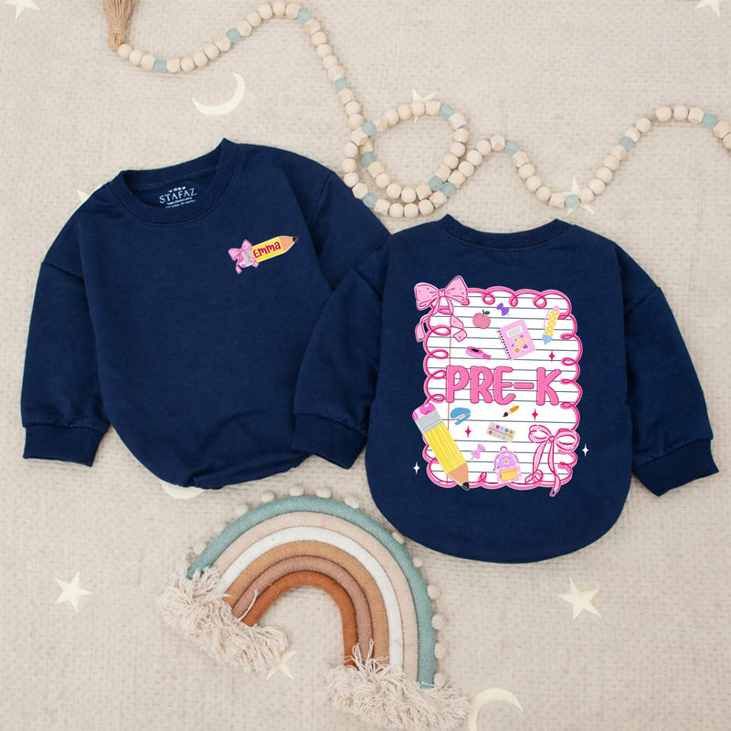 Personalized Pre-K Girls Shirt with Pink Bow Custom Name Emma Back to School Tee Cute Yellow Pencil Notebook Design Toddler Gift