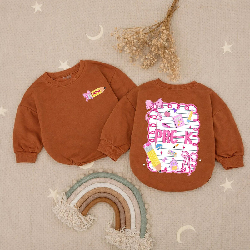 Personalized Pre-K Girls Shirt with Pink Bow Custom Name Emma Back to School Tee Cute Yellow Pencil Notebook Design Toddler Gift