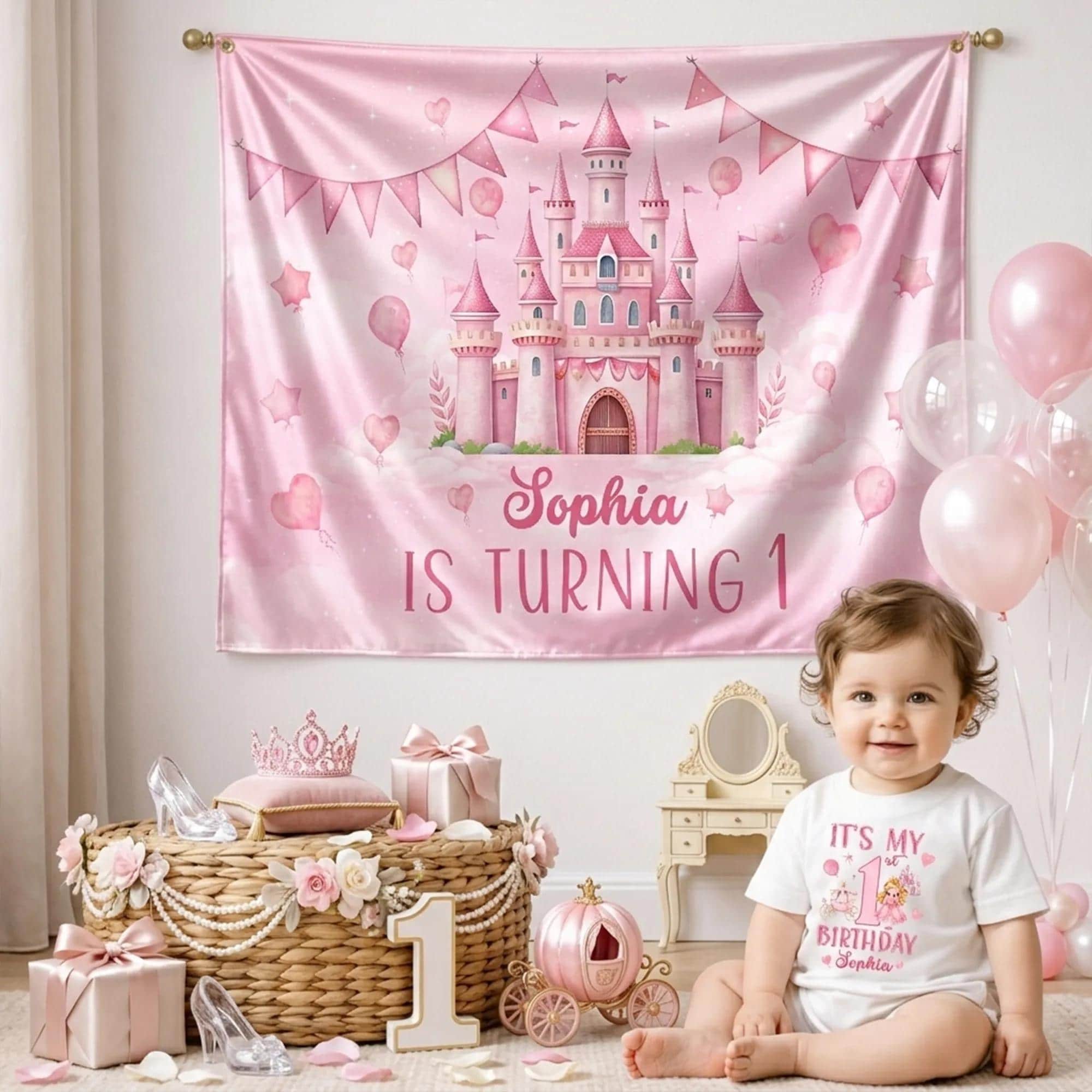 Personalized Princess Birthday Bubble Romper and Silk Castle Banner Set for Baby Girl First Birthday Party Decorations and Gifts