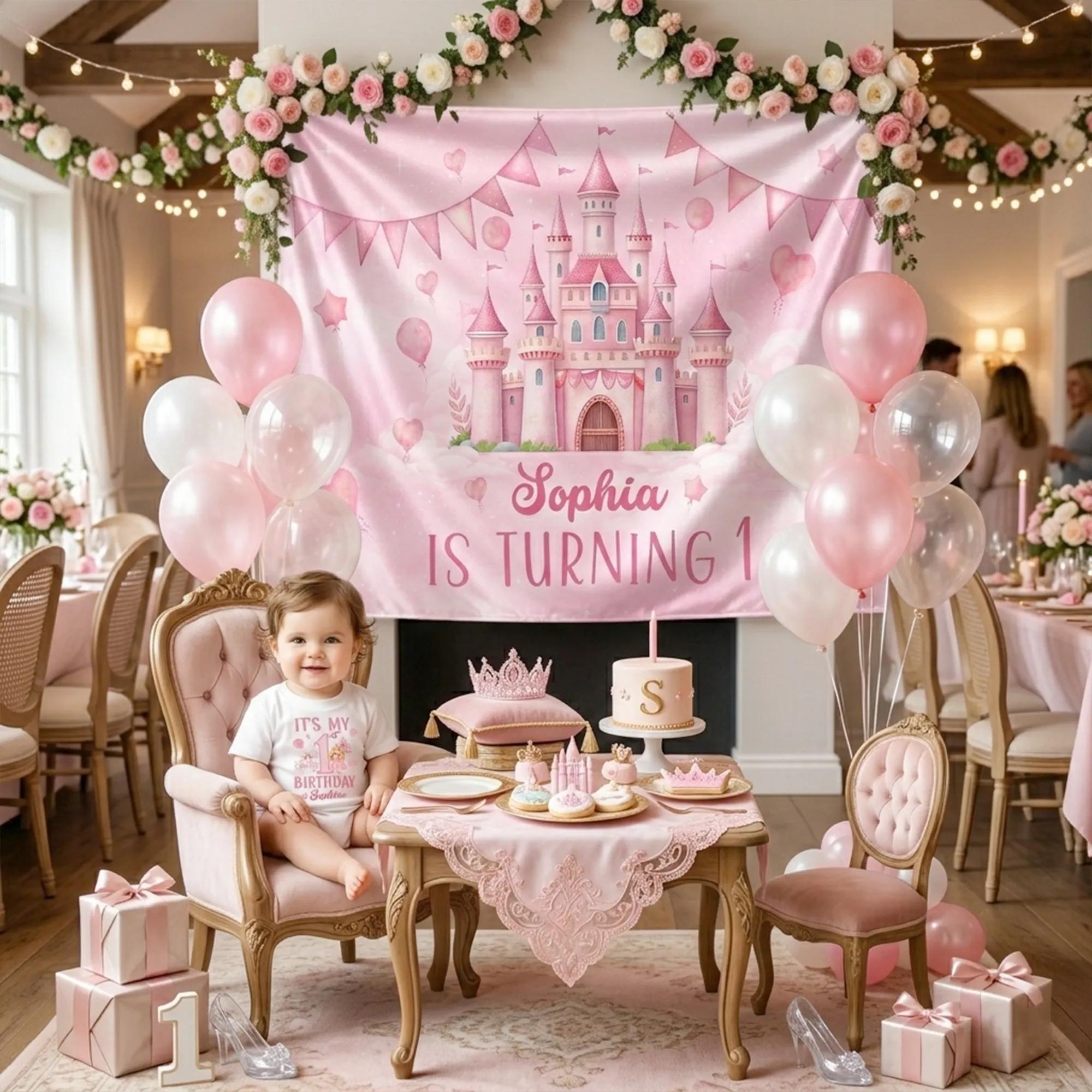 Personalized Princess Birthday Bubble Romper and Silk Castle Banner Set for Baby Girl First Birthday Party Decorations and Gifts