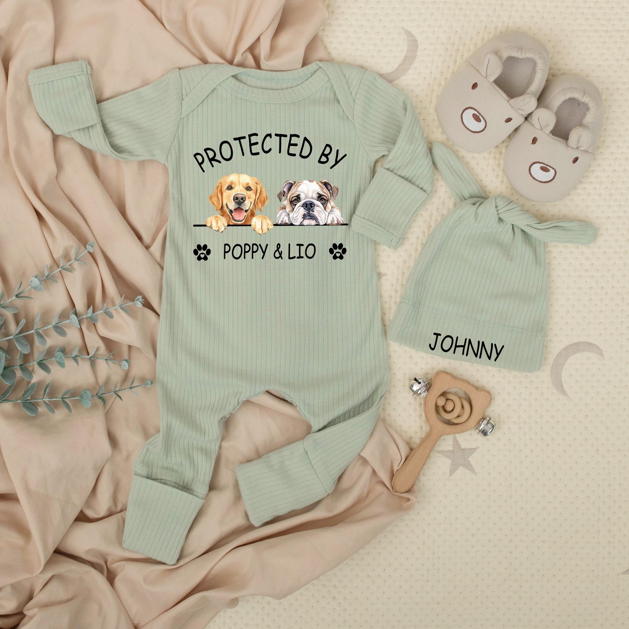 Personalized Protected By Dog Baby Bodysuit and Hat Set with Custom Names, Cute Newborn Gift for Baby Shower, Soft Cotton Infant Outfit