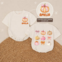 Personalized Pumpkin Baby Girl Romper with Pink Bow Artwork, Custom Name, Soft Cotton Long Sleeve Outfit for Fall Newborns & Milestone Photos
