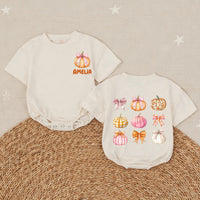 Personalized Pumpkin Baby Girl Romper with Pink Bow Artwork, Custom Name, Soft Cotton Long Sleeve Outfit for Fall Newborns & Milestone Photos
