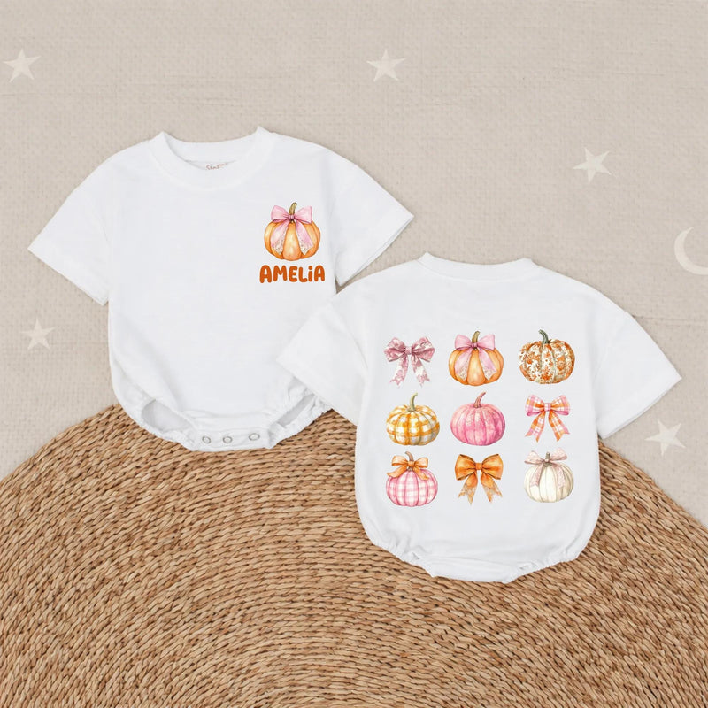 Personalized Pumpkin Baby Girl Romper with Pink Bow Artwork, Custom Name, Soft Cotton Long Sleeve Outfit for Fall Newborns & Milestone Photos