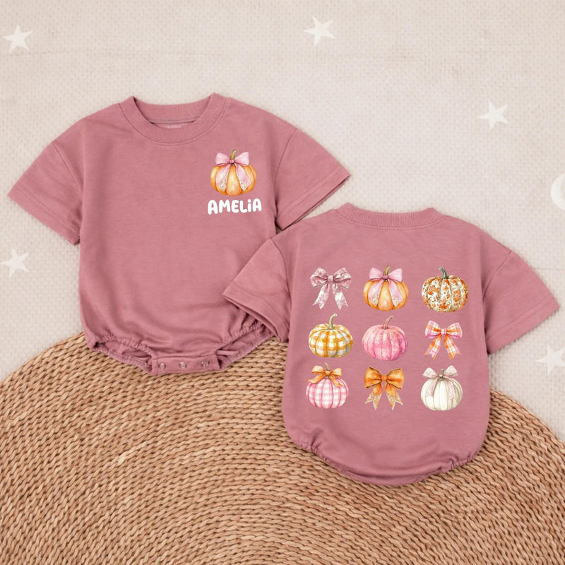 Personalized Pumpkin Baby Girl Romper with Pink Bow Artwork, Custom Name, Soft Cotton Long Sleeve Outfit for Fall Newborns & Milestone Photos