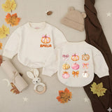 Personalized Pumpkin Baby Girl Romper with Pink Bow Artwork, Custom Name, Soft Cotton Long Sleeve Outfit for Fall Newborns & Milestone Photos