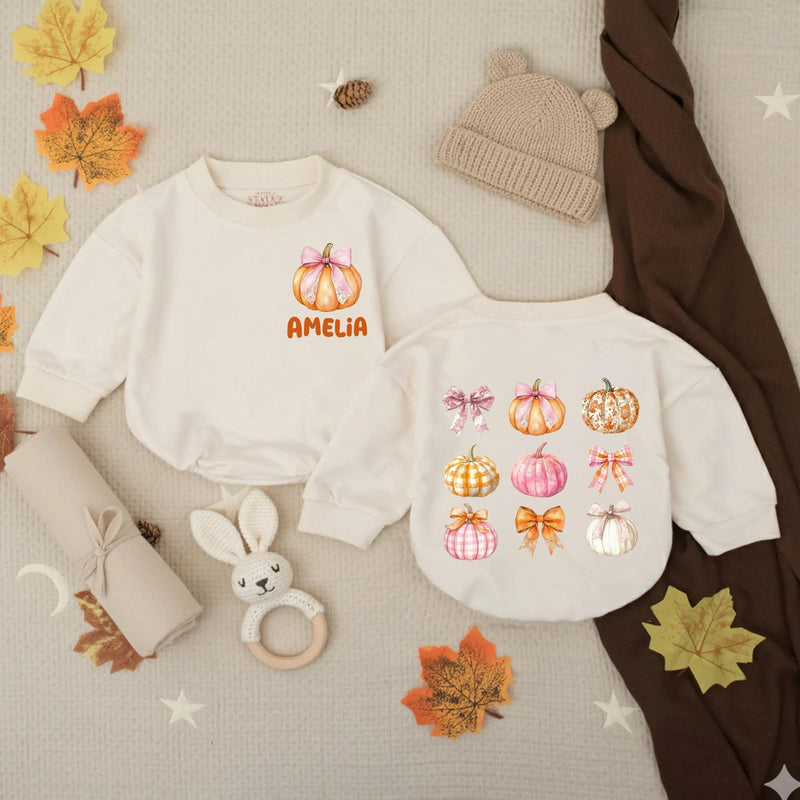 Personalized Pumpkin Baby Girl Romper with Pink Bow Artwork, Custom Name, Soft Cotton Long Sleeve Outfit for Fall Newborns & Milestone Photos