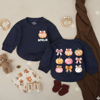 Personalized Pumpkin Baby Girl Romper with Pink Bow Artwork, Custom Name, Soft Cotton Long Sleeve Outfit for Fall Newborns & Milestone Photos