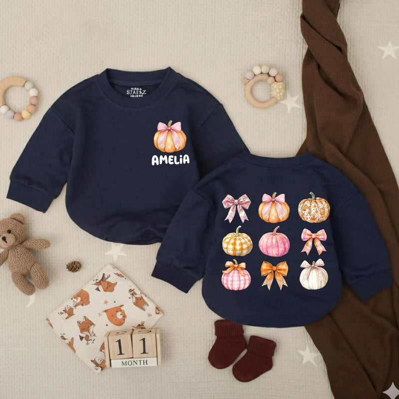 Personalized Pumpkin Baby Girl Romper with Pink Bow Artwork, Custom Name, Soft Cotton Long Sleeve Outfit for Fall Newborns & Milestone Photos