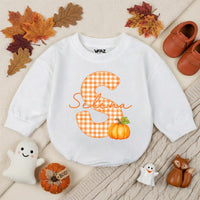Personalized Pumpkin Baby Romper with Gingham Initial and Name, Soft Cotton Bubble Romper for Fall, Thanksgiving, Matching Family Outfit