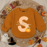 Personalized Pumpkin Baby Romper with Gingham Initial and Name, Soft Cotton Bubble Romper for Fall, Thanksgiving, Matching Family Outfit
