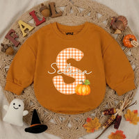 Personalized Pumpkin Baby Romper with Gingham Initial and Name, Soft Cotton Bubble Romper for Fall, Thanksgiving, Matching Family Outfit