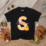 Personalized Pumpkin Baby Romper with Gingham Initial and Name, Soft Cotton Bubble Romper for Fall, Thanksgiving, Matching Family Outfit