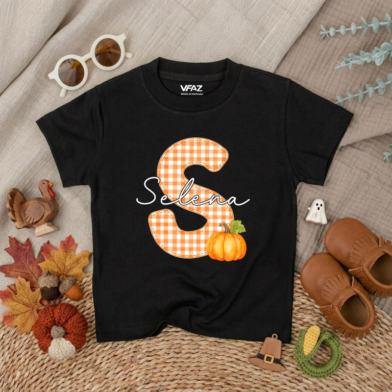 Personalized Pumpkin Baby Romper with Gingham Initial and Name, Soft Cotton Bubble Romper for Fall, Thanksgiving, Matching Family Outfit