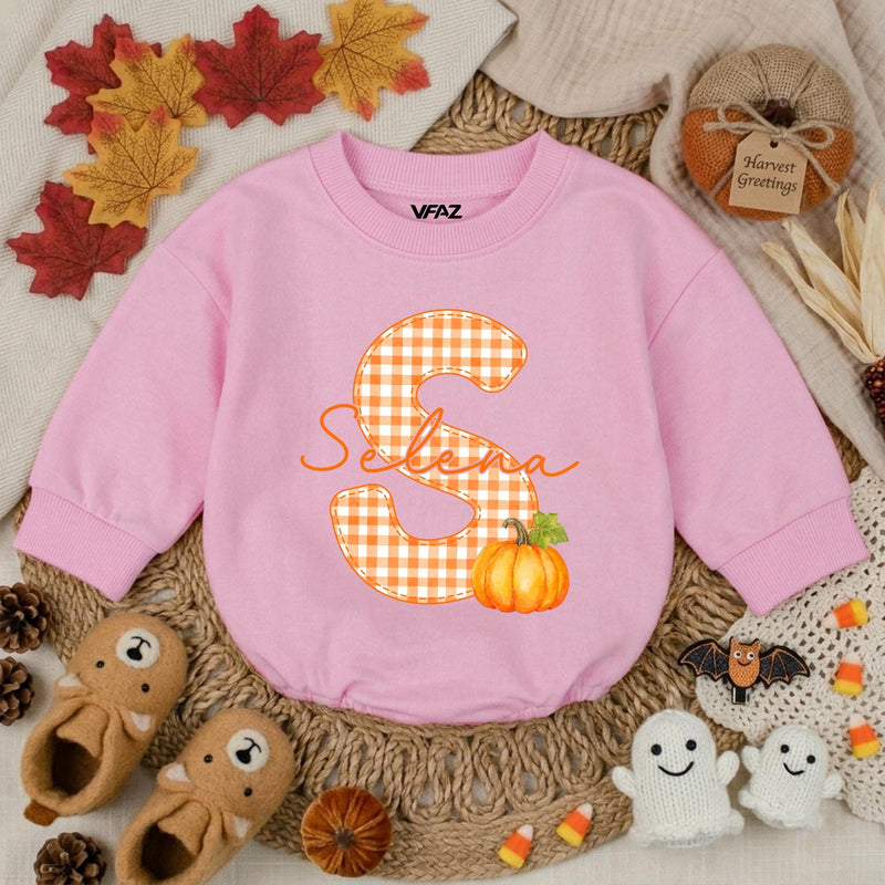 Personalized Pumpkin Baby Romper with Gingham Initial and Name, Soft Cotton Bubble Romper for Fall, Thanksgiving, Matching Family Outfit