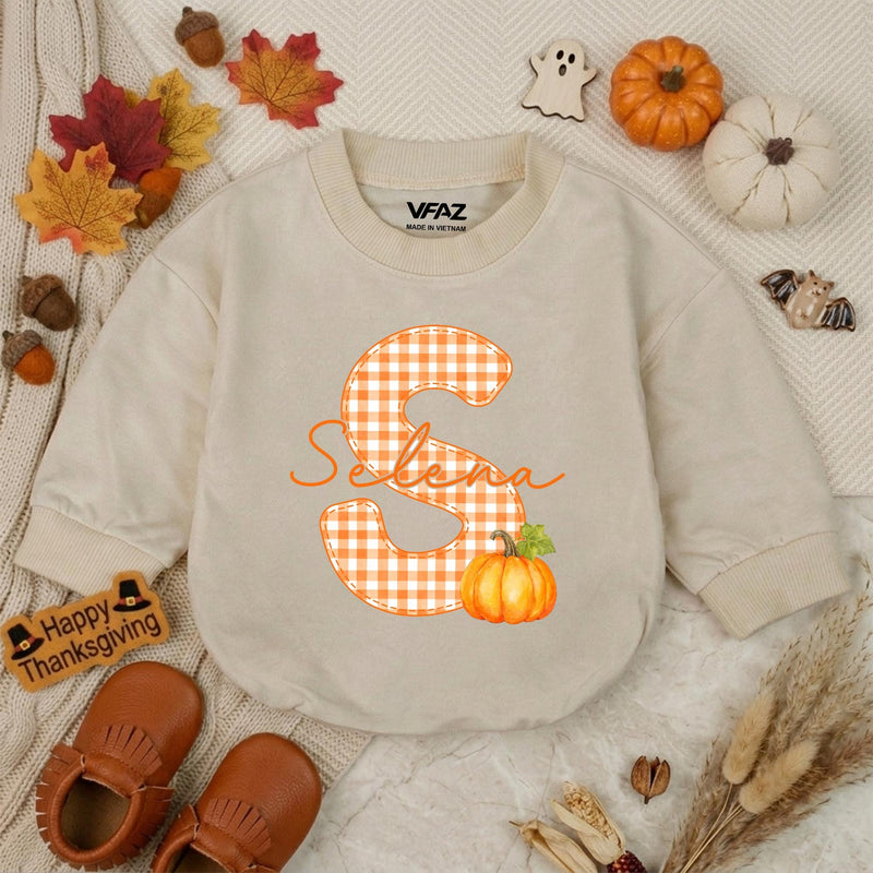 Personalized Pumpkin Baby Romper with Gingham Initial and Name, Soft Cotton Bubble Romper for Fall, Thanksgiving, Matching Family Outfit