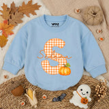 Personalized Pumpkin Baby Romper with Gingham Initial and Name, Soft Cotton Bubble Romper for Fall, Thanksgiving, Matching Family Outfit
