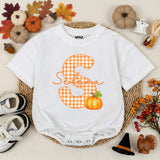 Personalized Pumpkin Baby Romper with Gingham Initial and Name, Soft Cotton Bubble Romper for Fall, Thanksgiving, Matching Family Outfit