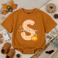 Personalized Pumpkin Baby Romper with Gingham Initial and Name, Soft Cotton Bubble Romper for Fall, Thanksgiving, Matching Family Outfit
