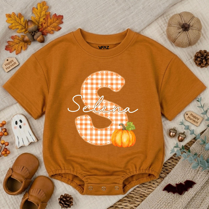Personalized Pumpkin Baby Romper with Gingham Initial and Name, Soft Cotton Bubble Romper for Fall, Thanksgiving, Matching Family Outfit